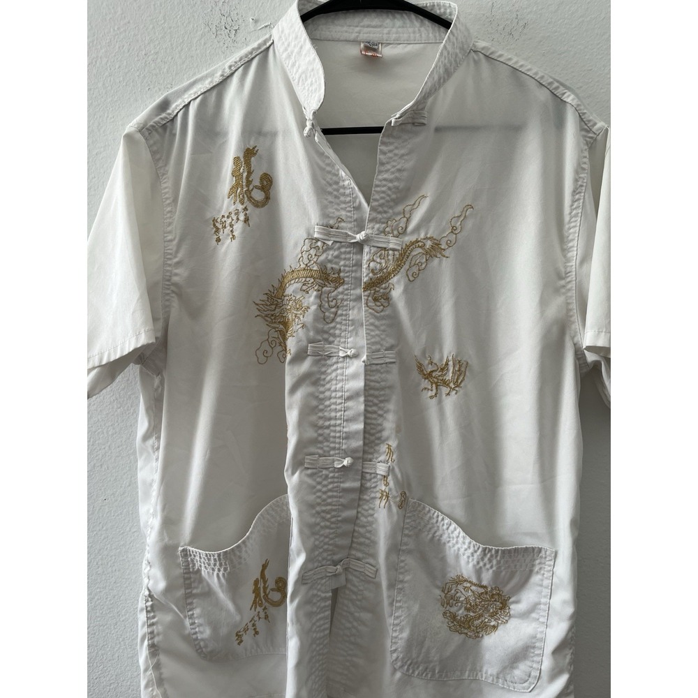 Baolilai Chinese Dragon Shirt Men's M Embroidered Kung Fu Tang Suit White Gold